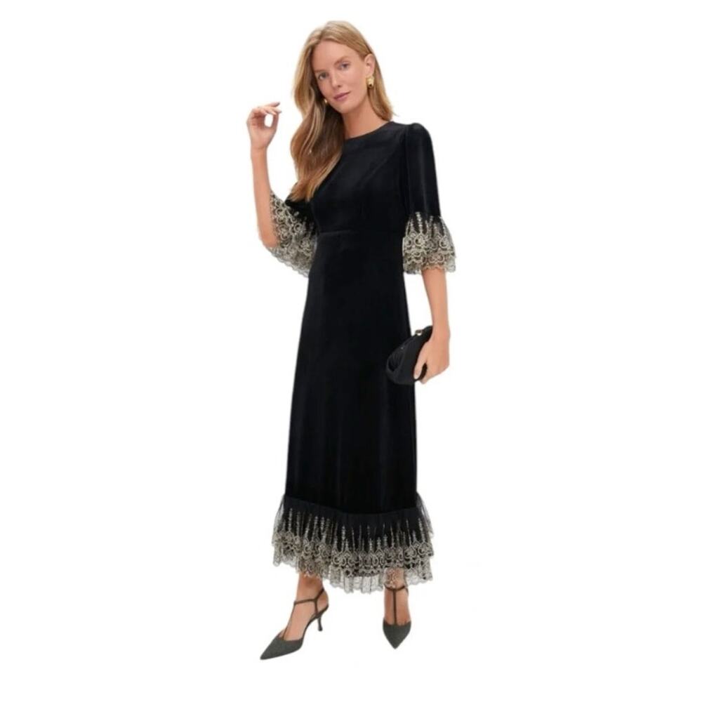 NWT Tuckernuck Pomander Place Lilith Black Gold Lace Ruffle Maxi Dress Size S - Picture 2 of 15